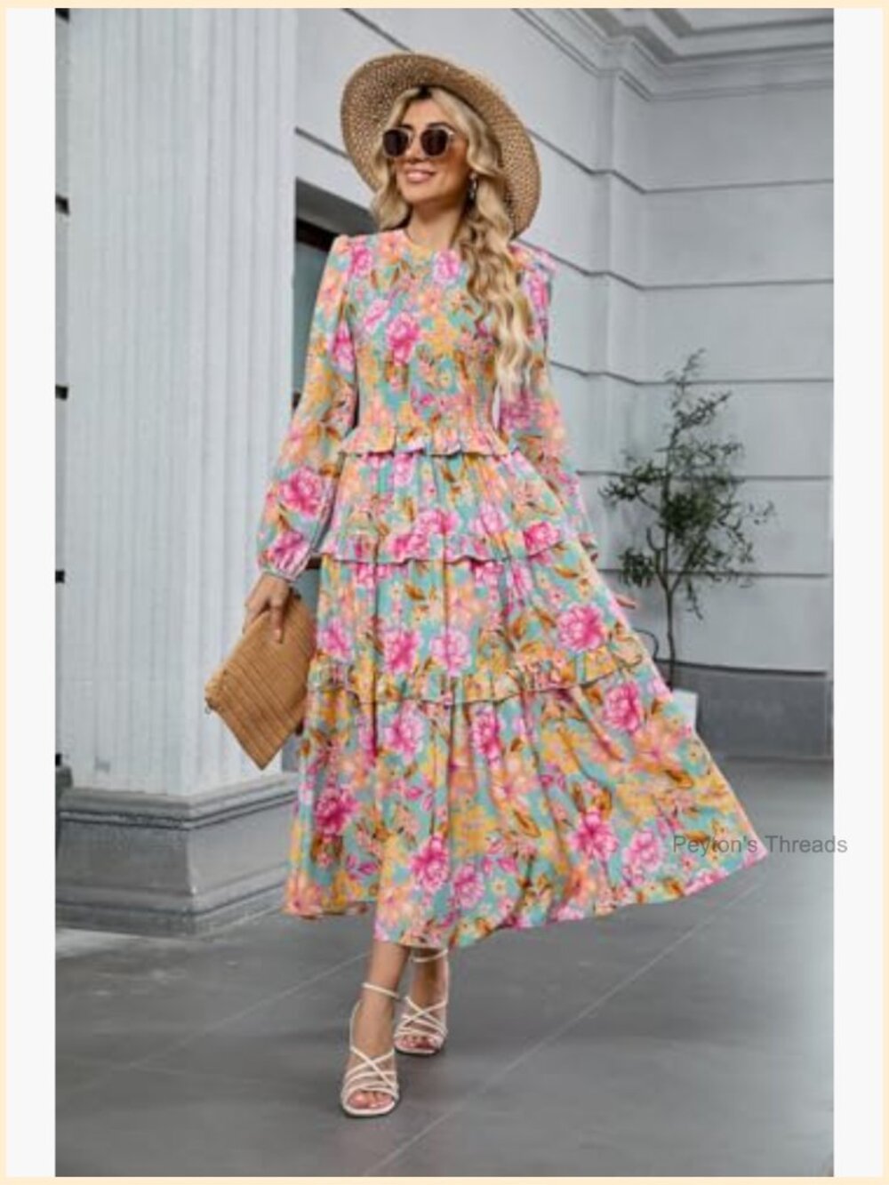 Women's Floral Smocked Maxi Dress Long Puff Sleeve Bohemian Tiered Ruffle - Picture 4 of 7